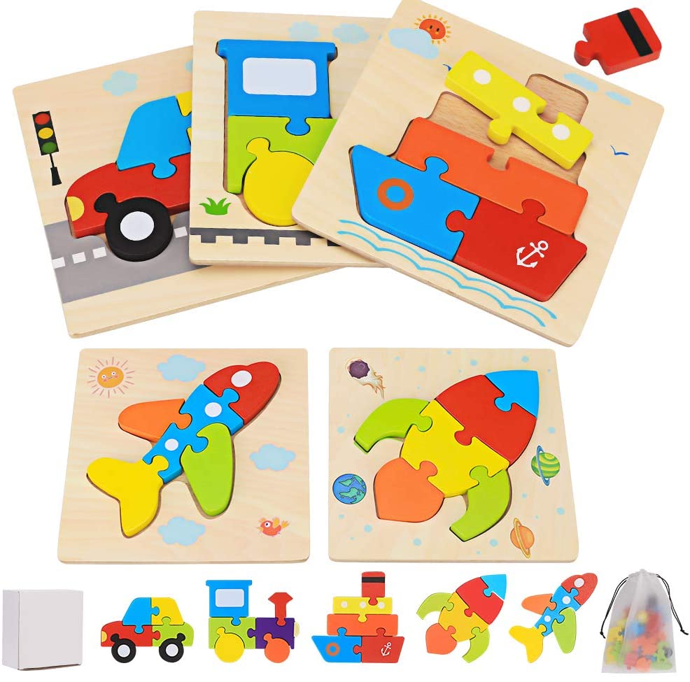 Montessori Wooden Vehicle Puzzles – Set of 5 for Toddlers
