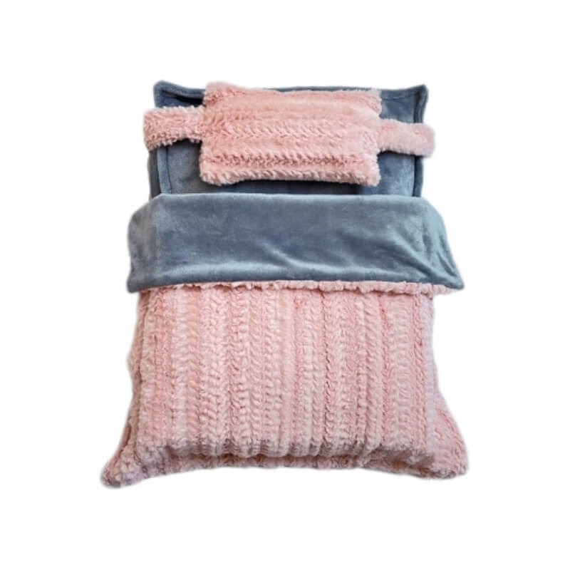 Speels roze pluche huisdierbed met kussen & deken