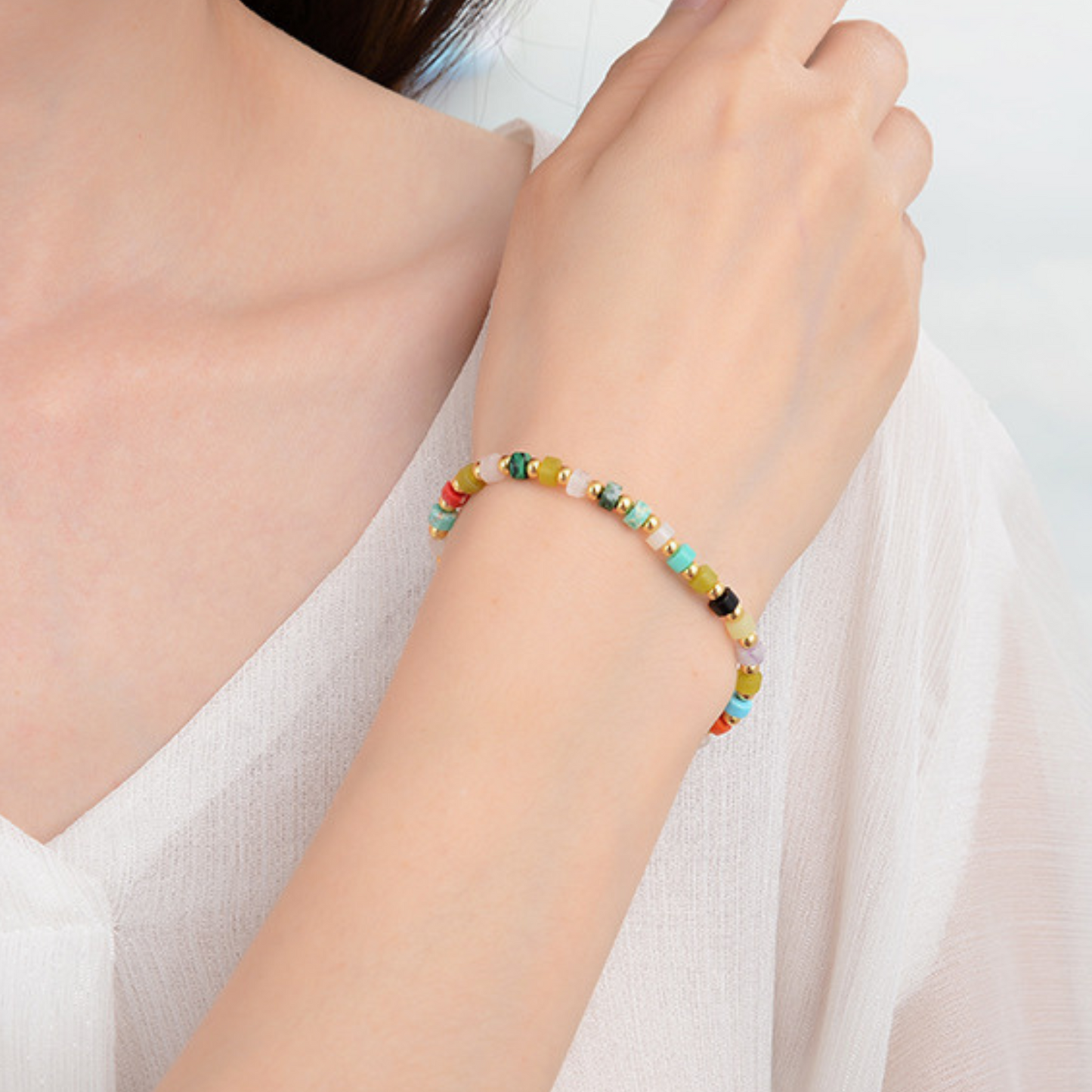 Natural Multi-Stone Beaded Bracelet – 925 Silver, 18k Yellow Gold Plated