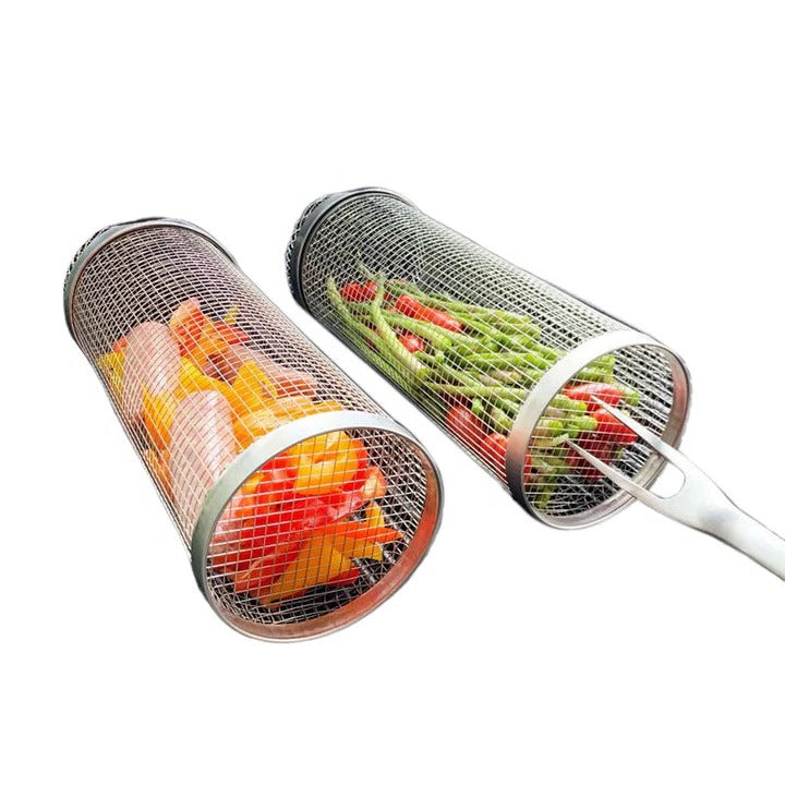 Rolling Barbecue Grill Basket – Locking Latch & Rotating Design for Grilled Veggies & Meat