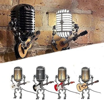 Vintage Robot Lamp with Guitar – Metal Microphone Musician Desk Light