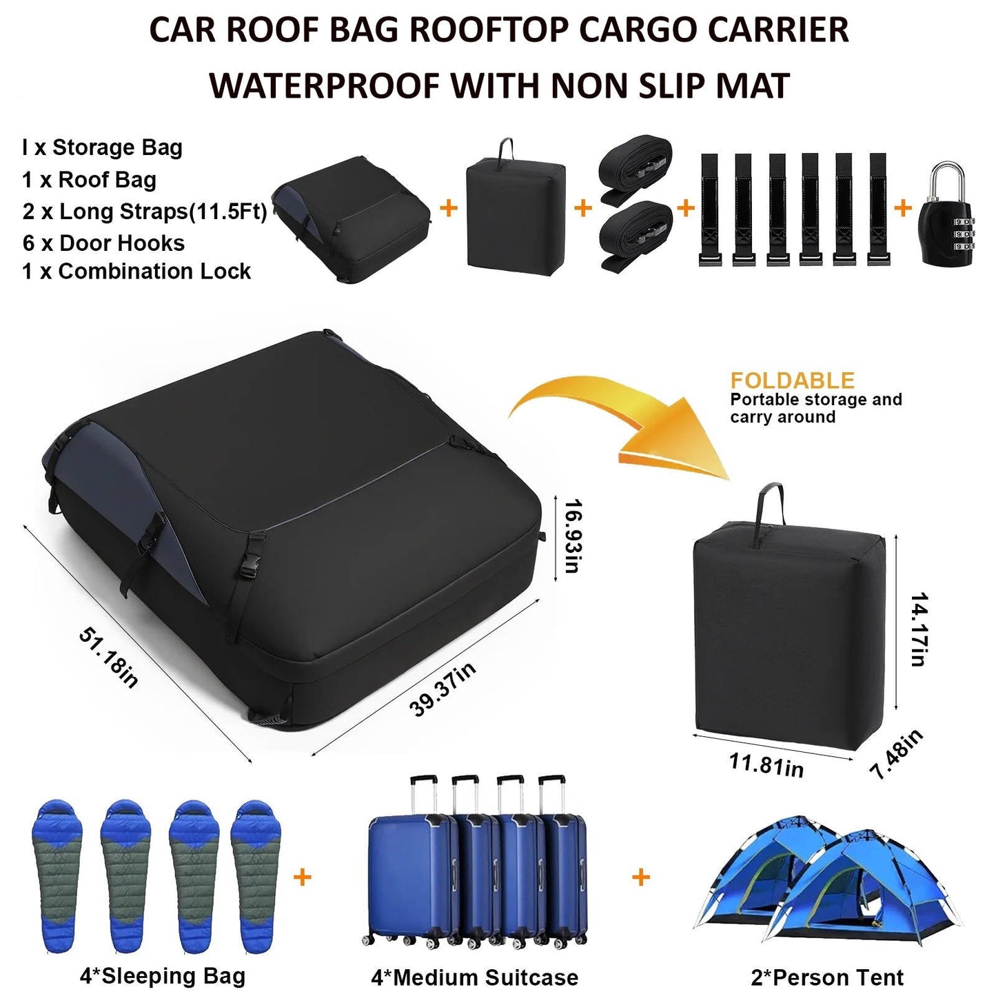 Car Roof Bag Rooftop Cargo Carrier Waterproof With Non Slip Mat