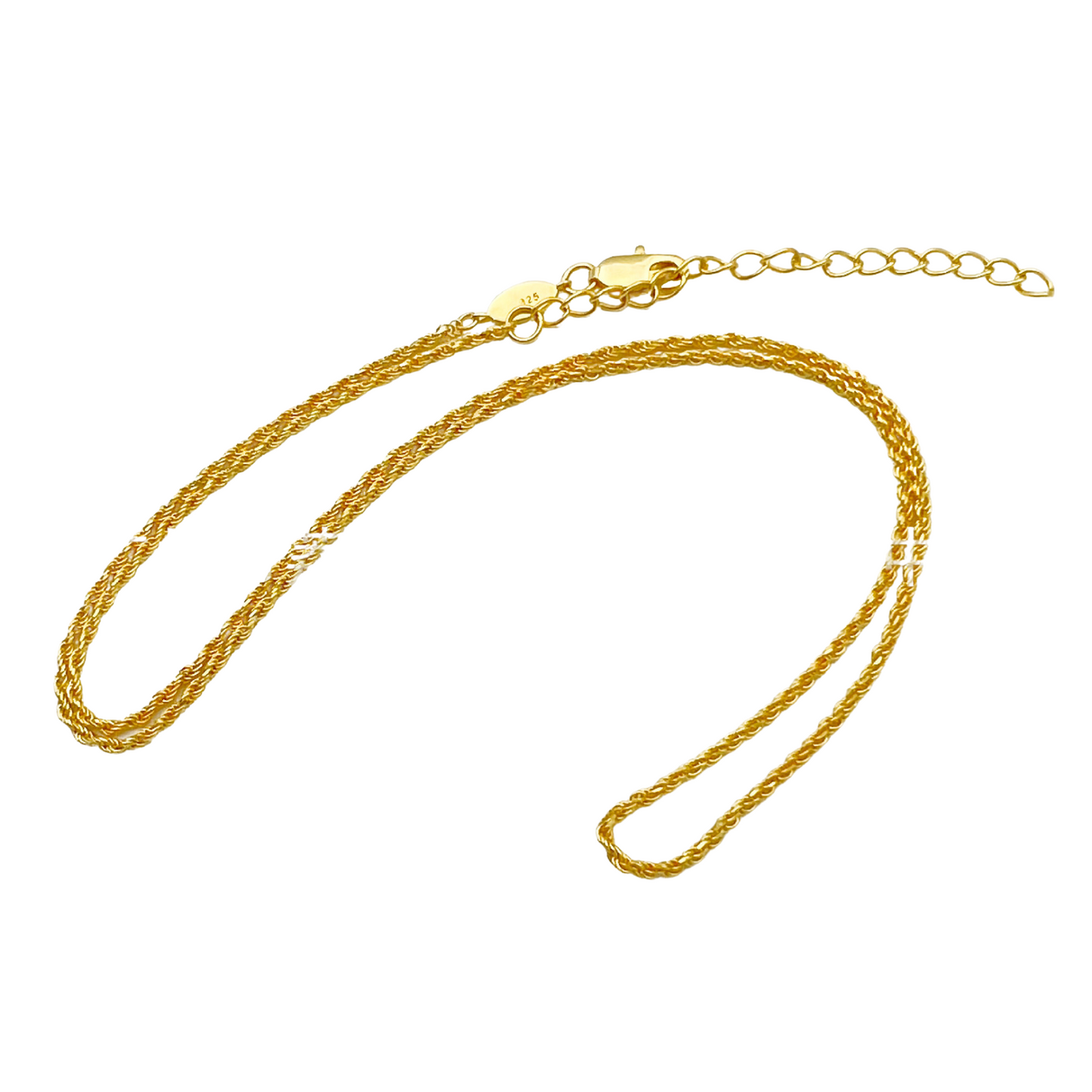 Collar de cadena de cuerda, plata 925, chapado en oro de 18K