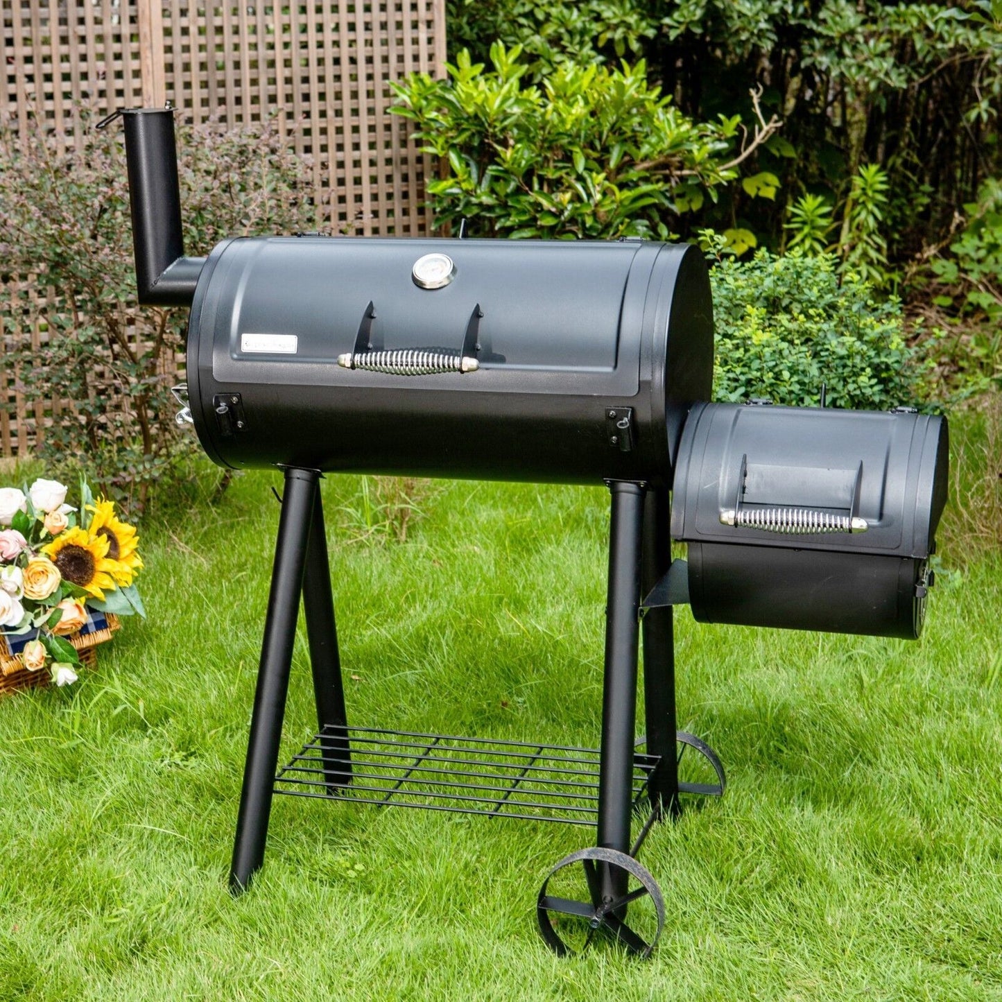 Parrilla doble de carbón para barbacoa con ahumador offset combinado