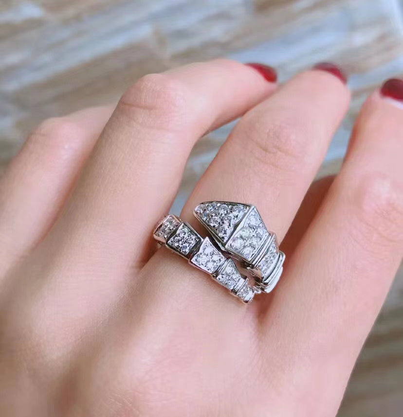 Serpenti V-Ring, 18K White Gold Plated with Cubic Zirconia Pavé