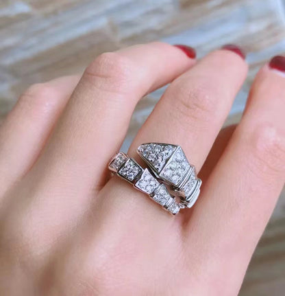 Serpenti V-Ring, 18K White Gold Plated with Cubic Zirconia Pavé