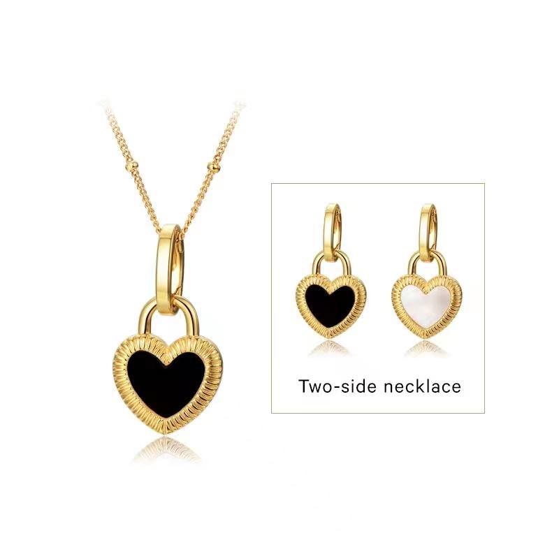 Heart Reversible Pendant Necklace, 925 Silver, 18K Gold Plated, Black Onyx & White Mother-of-Pearl