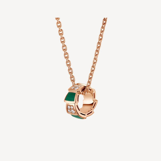 Serpenti Necklace, 925 Silver, 18K Rose Gold Plated, Green Agate