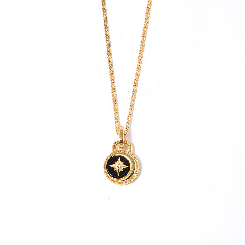 Moon & Stars Necklace, 925 Silver, 18K Gold Plated, Black Onyx