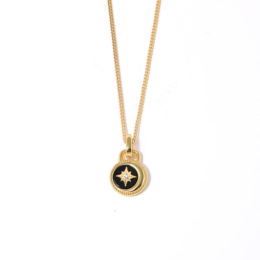 Moon & Stars Necklace, 925 Silver, 18K Gold Plated, Black Onyx