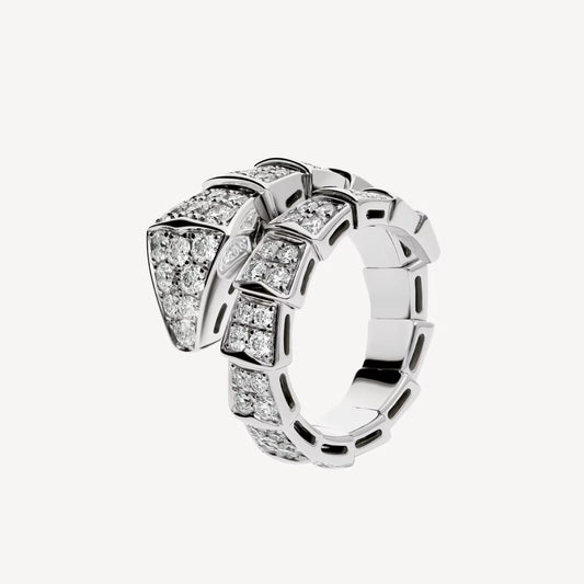 Serpenti V-Ring, 18K White Gold Plated with Cubic Zirconia Pavé
