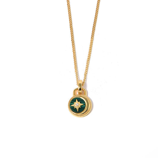 Moon & Stars Necklace, 925 Silver, 18K Gold Plated, Green Malachite