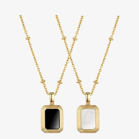 Square Reversible Pendant Necklace, 925 Silver, 18K Gold Plated, Black Onyx & White Mother-of-Pearl