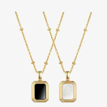 Square Reversible Pendant Necklace, 925 Silver, 18K Gold Plated, Black Onyx & White Mother-of-Pearl