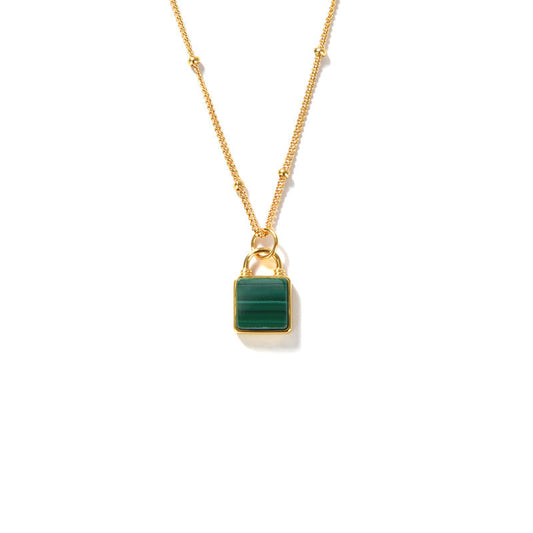 Malachite Lock Head Necklace, 925 Silver, 18K Gold Plated