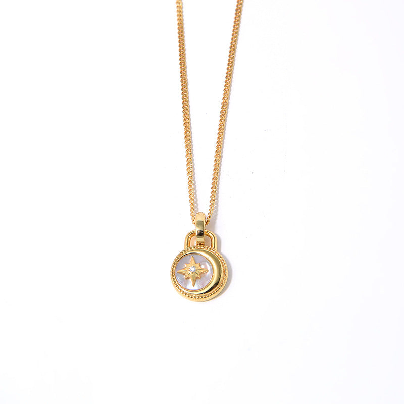 Moon & Stars Necklace, 925 Silver, 18K Gold Plated, White Mother-of-Pearl