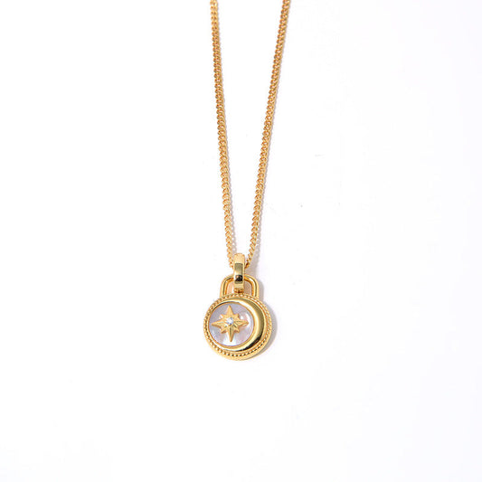 Moon & Stars Necklace, 925 Silver, 18K Gold Plated, White Mother-of-Pearl