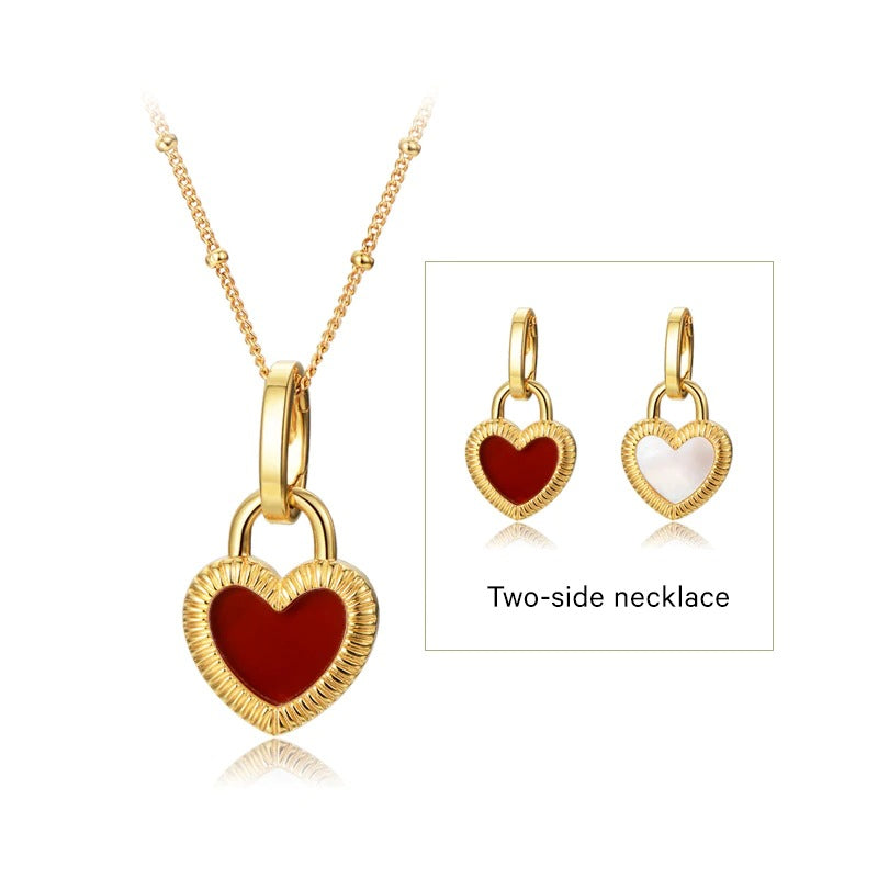 Heart Reversible Pendant Necklace, 925 Silver, 18K Gold Plated, Red Onyx & White Mother-of-Pearl