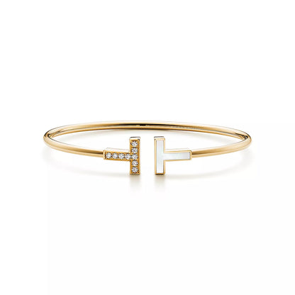 T Bangle – 18k Yellow Gold Plated, Mother of Pearl & Cubic Zircon