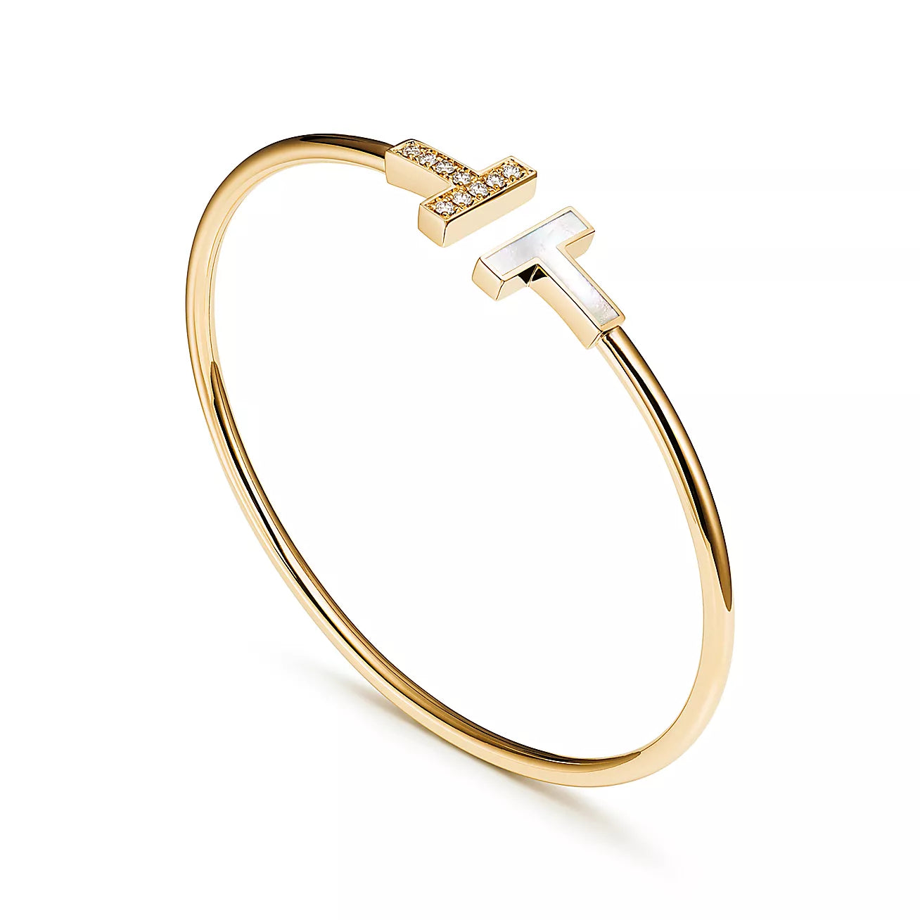 T Bangle – 18k Yellow Gold Plated, Mother of Pearl & Cubic Zircon