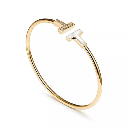 T Bangle – 18k Yellow Gold Plated, Mother of Pearl & Cubic Zircon