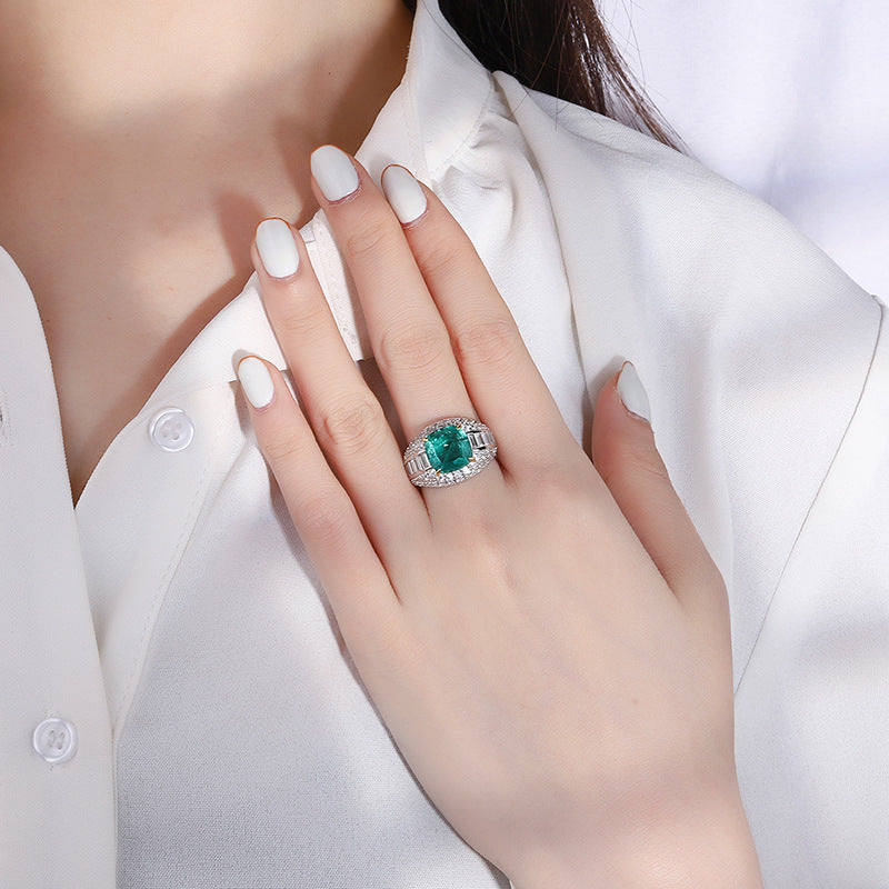 Emerald Gemstone Ring, 925 Silver with Cubic Zirconia Accents