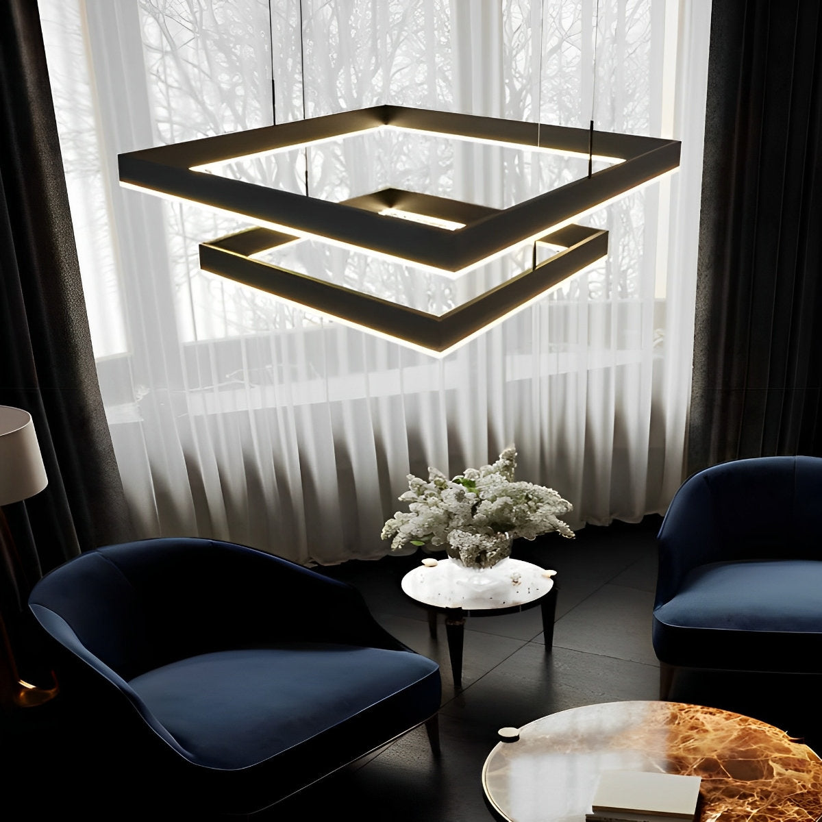 Square Stepless Dimming LED Black Modern Chandelier with Remote Control