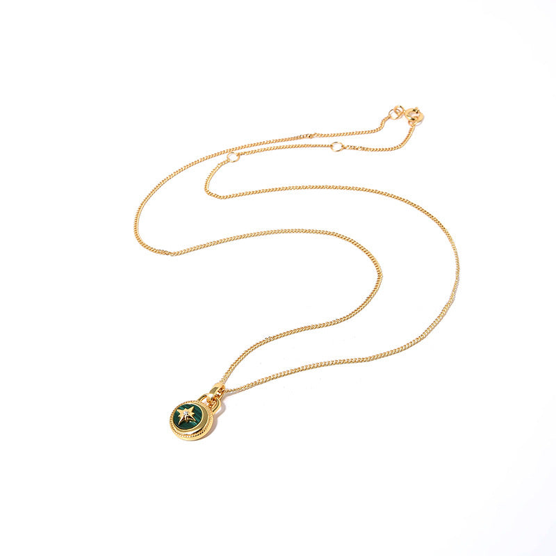 Moon & Stars Necklace, 925 Silver, 18K Gold Plated, Green Malachite