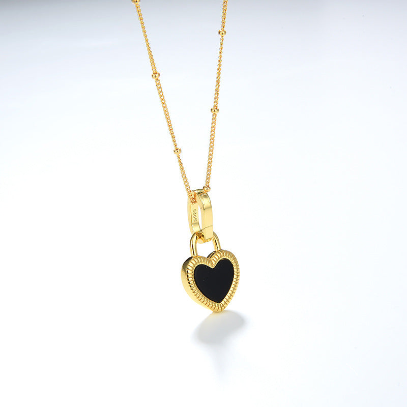 Heart Reversible Pendant Necklace, 925 Silver, 18K Gold Plated, Black Onyx & White Mother-of-Pearl
