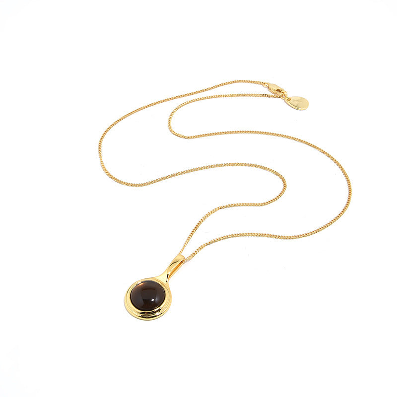 Natural Tea Crystal Long Necklace, 925 Silver, 18K Gold Plated
