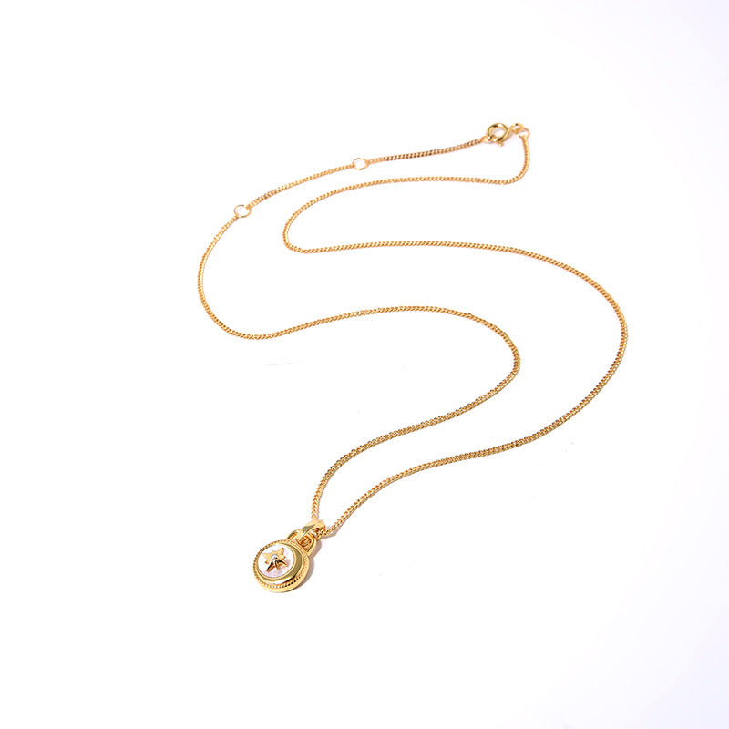 Moon & Stars Necklace, 925 Silver, 18K Gold Plated, White Mother-of-Pearl