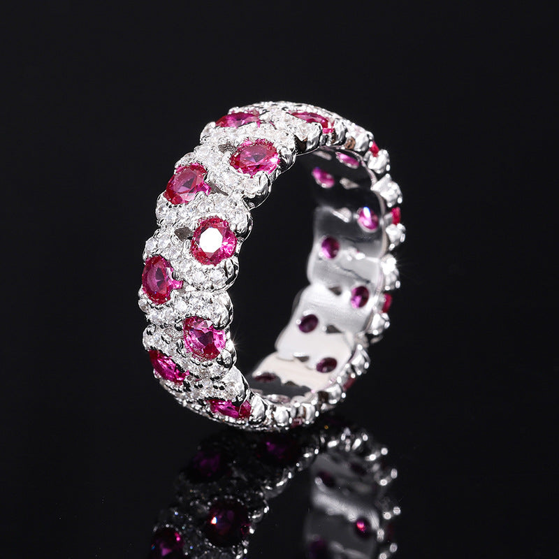 Wedding Band, 925 Silver with Cubic Zirconia and Ruby Accents