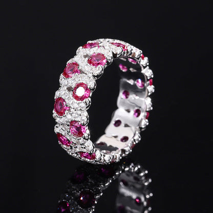 Wedding Band, 925 Silver with Cubic Zirconia and Ruby Accents