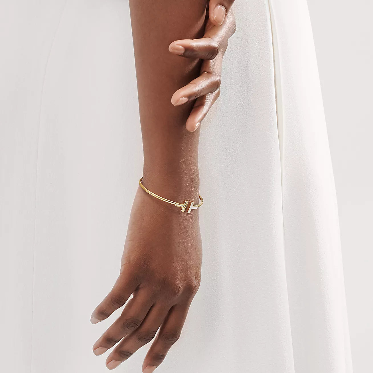 T Bangle – 18k Yellow Gold Plated, Mother of Pearl & Cubic Zircon