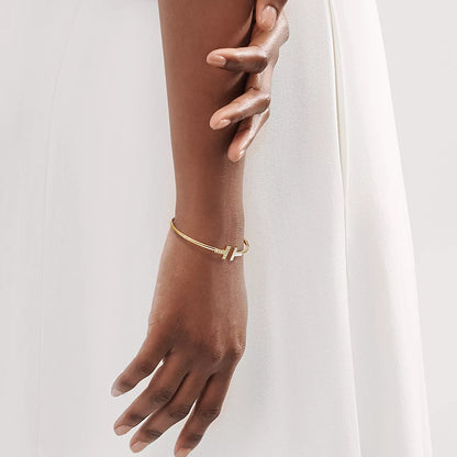 T Bangle – 18k Yellow Gold Plated, Mother of Pearl & Cubic Zircon
