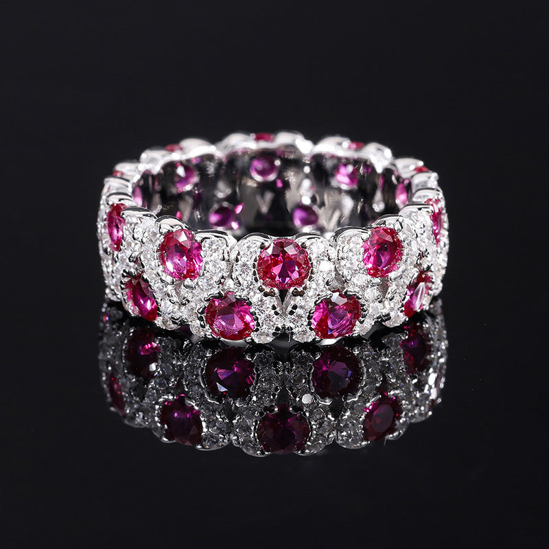 Wedding Band, 925 Silver with Cubic Zirconia and Ruby Accents
