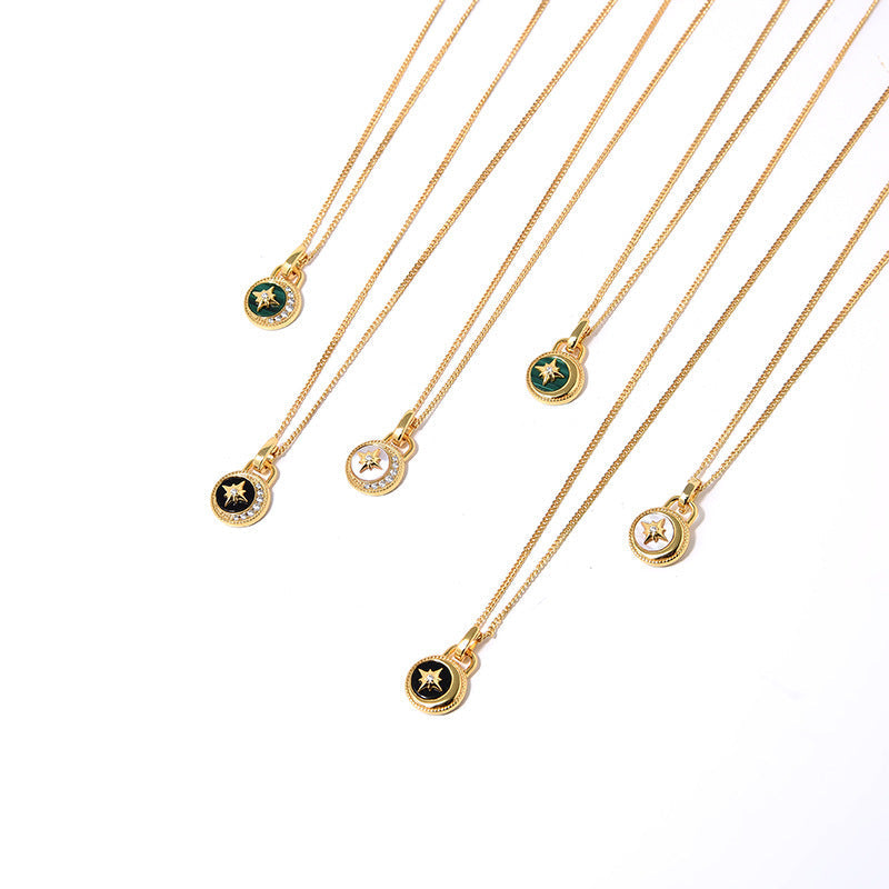 Moon & Stars Necklace, 925 Silver, 18K Gold Plated, Black Onyx