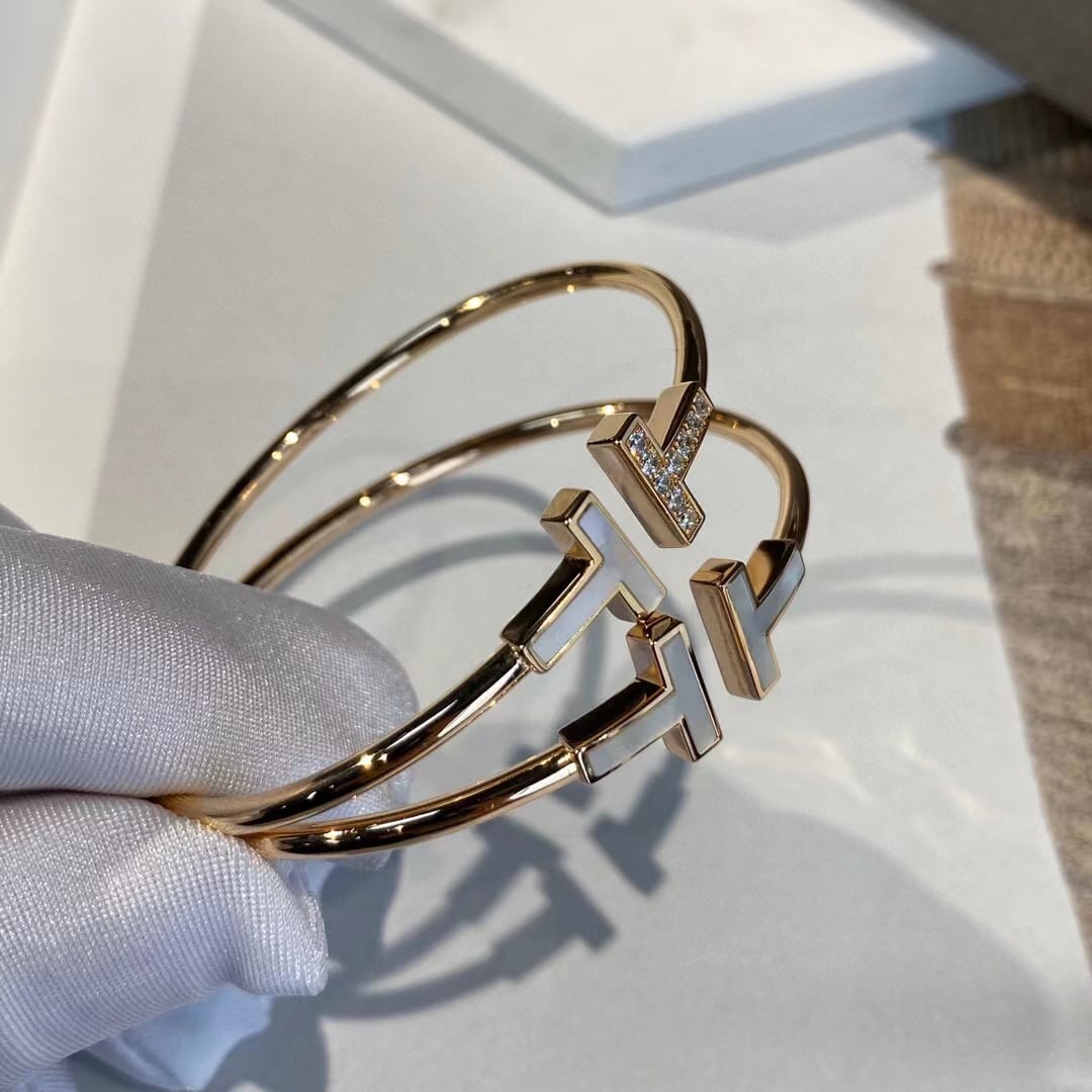 T Bangle – 18k Yellow Gold Plated, Mother of Pearl & Cubic Zircon