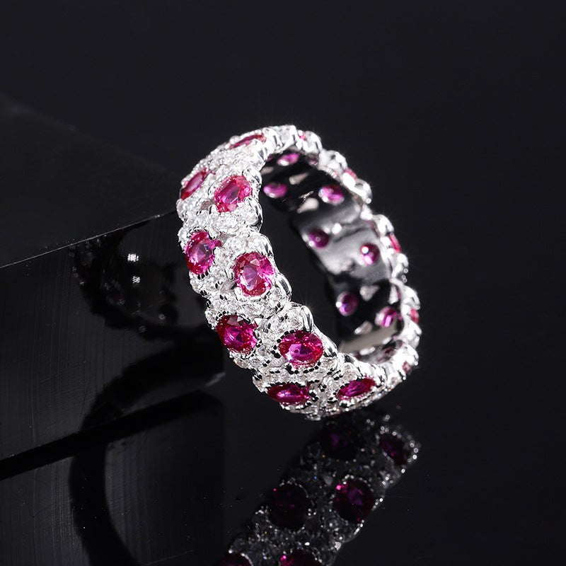 Wedding Band, 925 Silver with Cubic Zirconia and Ruby Accents