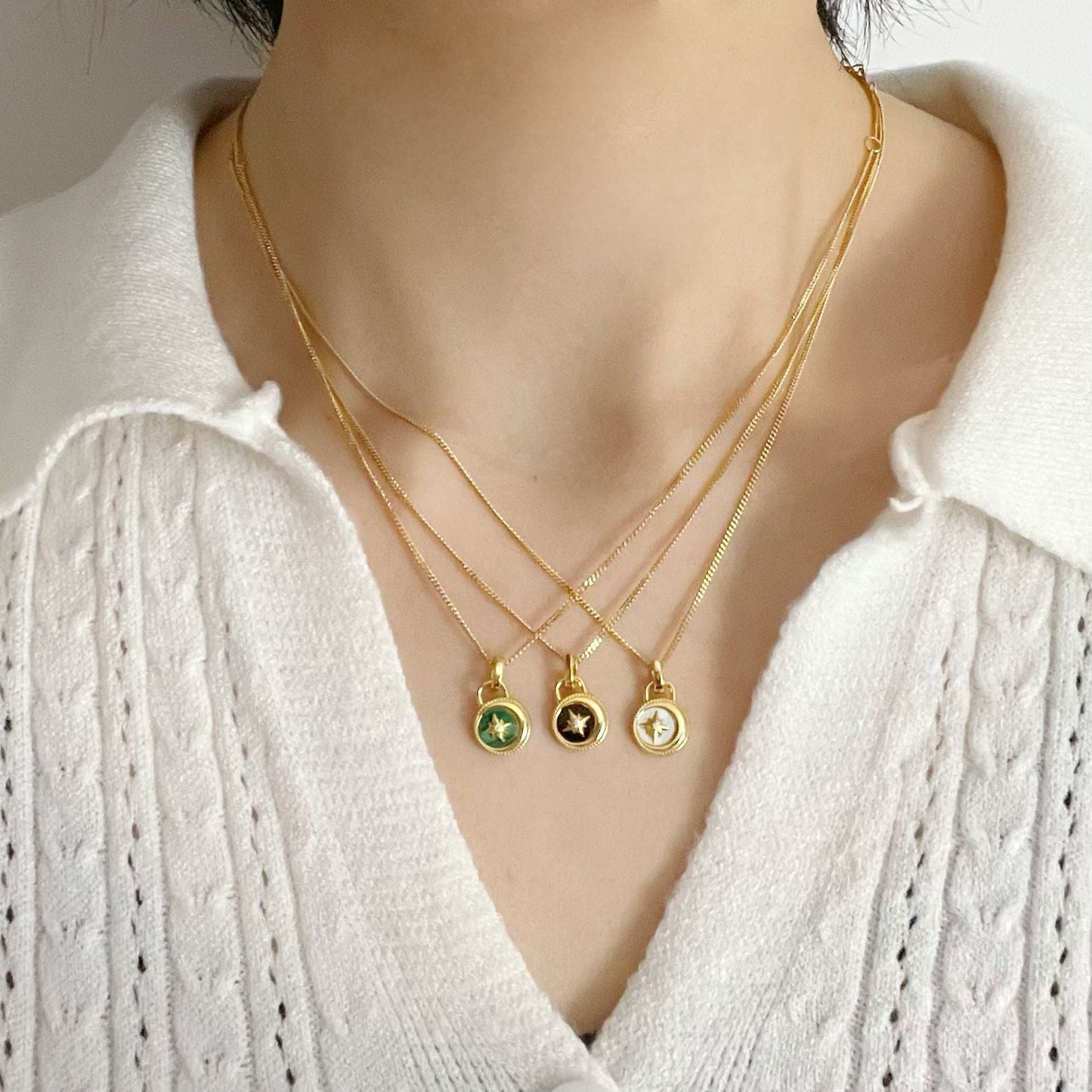 Moon & Stars Necklace, 925 Silver, 18K Gold Plated, White Mother-of-Pearl