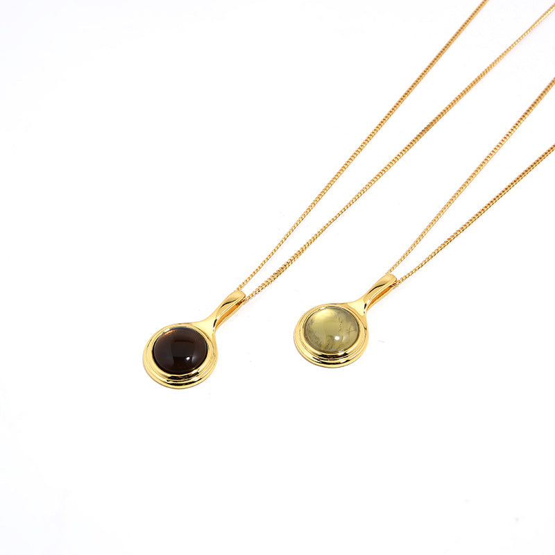 Natural Tea Crystal Long Necklace, 925 Silver, 18K Gold Plated