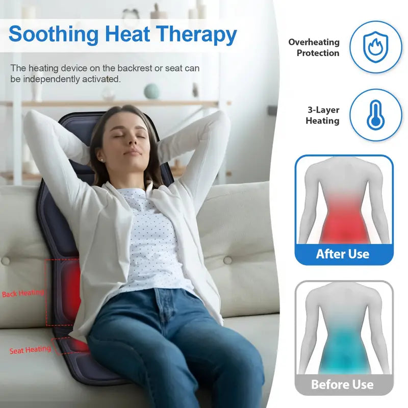 Fullständig ryggmassager med värme – Shiatsu-stolplatta, djupknådande, justerbar intensitet