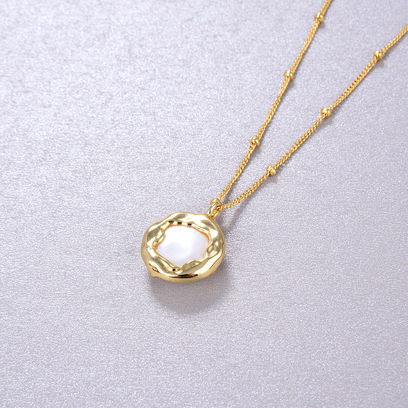 Baroque Button Pearl Necklace, 925 Silver, 18K Gold Plated