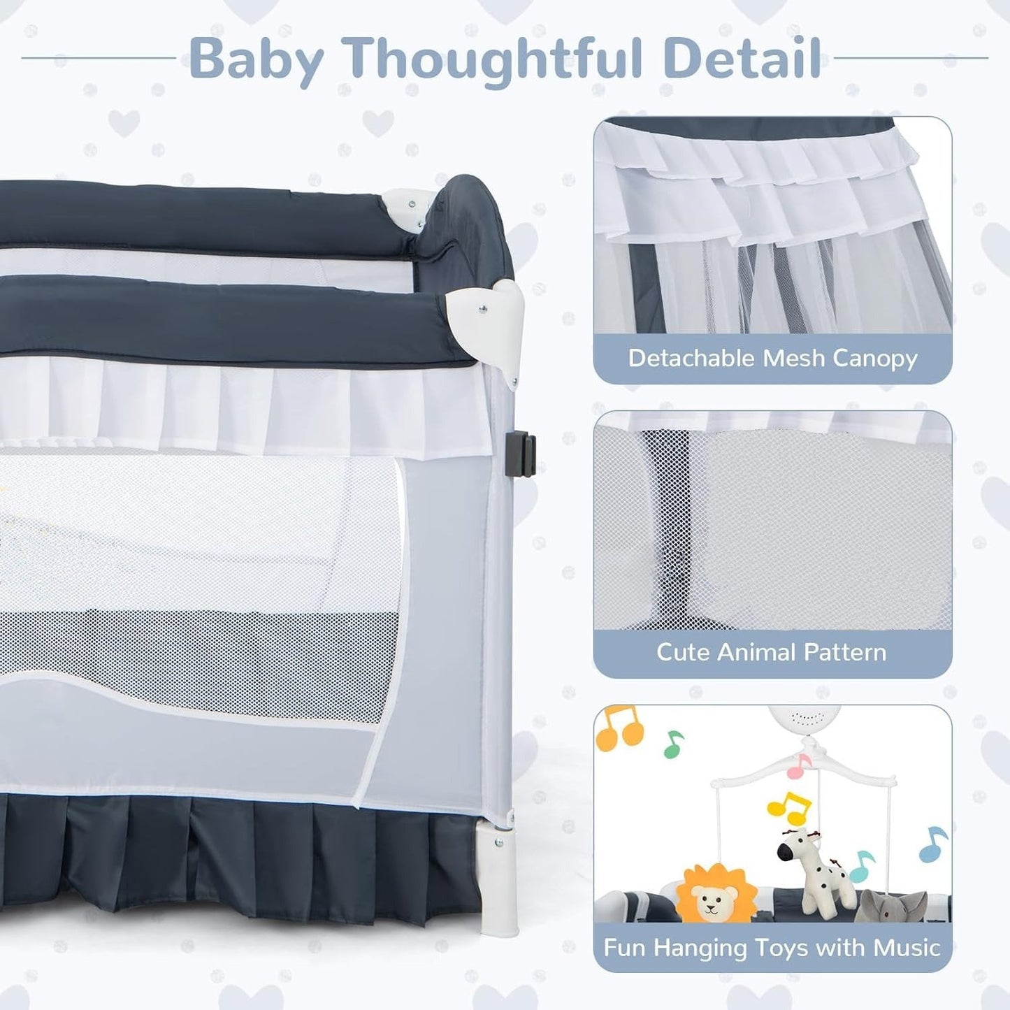 Corralito portátil para bebé con cuna, cama, mesa, dosel y caja de música