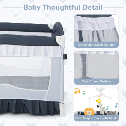 Corralito portátil para bebé con cuna, cama, mesa, dosel y caja de música