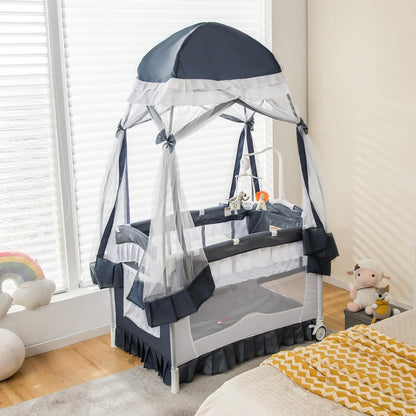 Corralito portátil para bebé con cuna, cama, mesa, dosel y caja de música