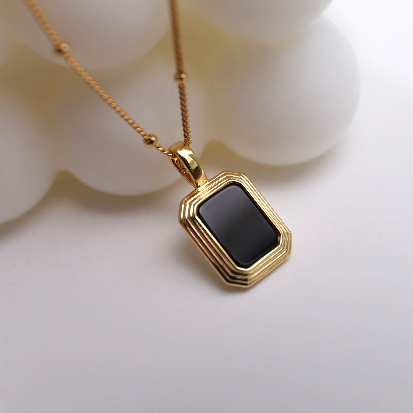 Square Reversible Pendant Necklace, 925 Silver, 18K Gold Plated, Black Onyx & White Mother-of-Pearl