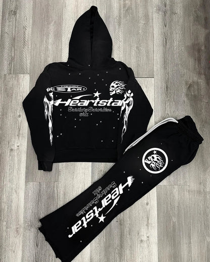 Women's Black Tracksuit with Heart and Star Graphic Design
