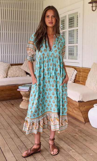 Womens Midi Summer Floral Dress V Neck