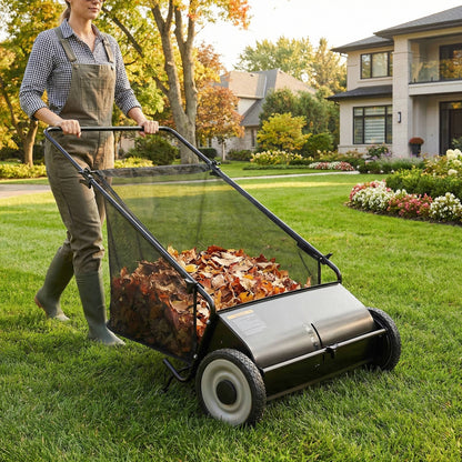 Push Lawn Sweeper 26 Inch 7 Cu Ft Leaf Collector with Adjustable Height Manual Grass Sweeper for Yard Garden